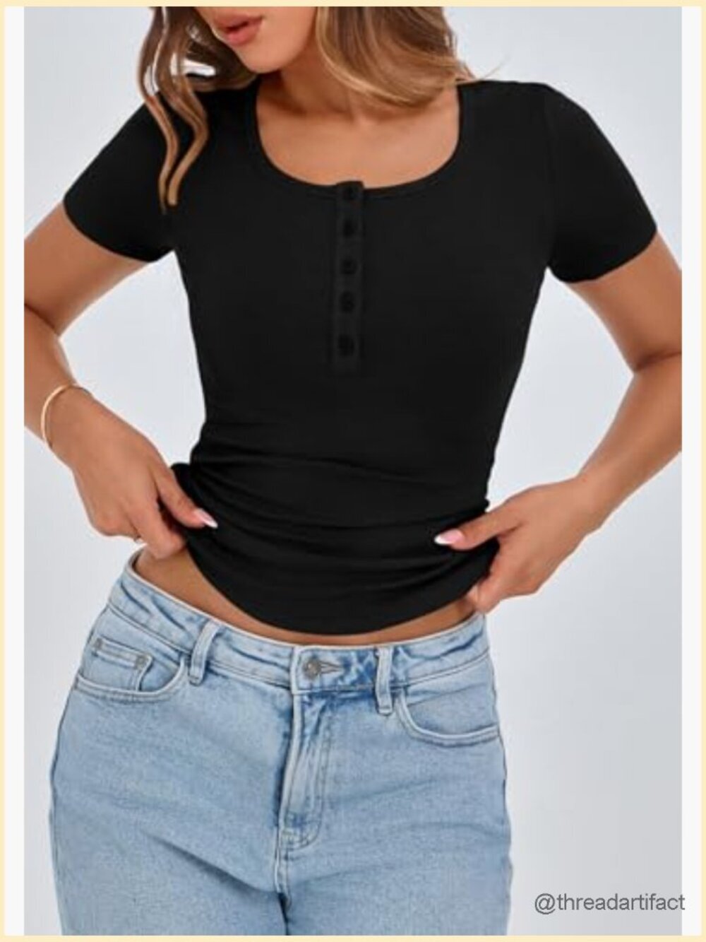 Women's Ribbed Henley T-Shirt - Short Sleeve Slim Fit Button Front Blouse - Picture 5 of 7